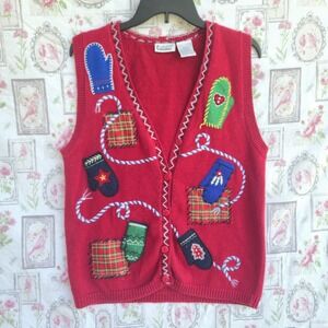 Vtg 90s‎ Capacity Red Christmas Ugly Sweater Vest Applique Mittens Plaid Patches